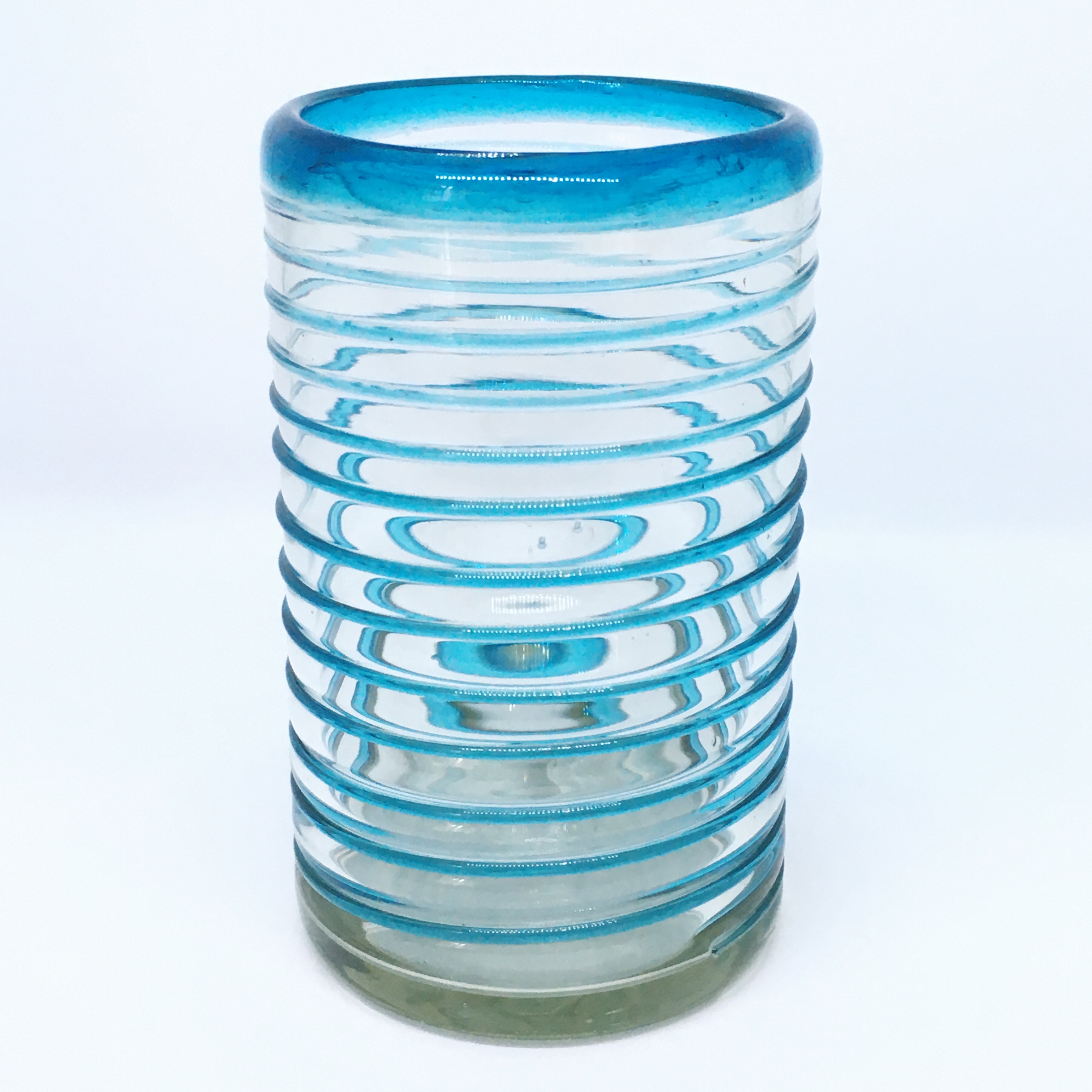 VIDRIO SOPLADO / Juego de 6 vasos grandes con espiral azul aqua